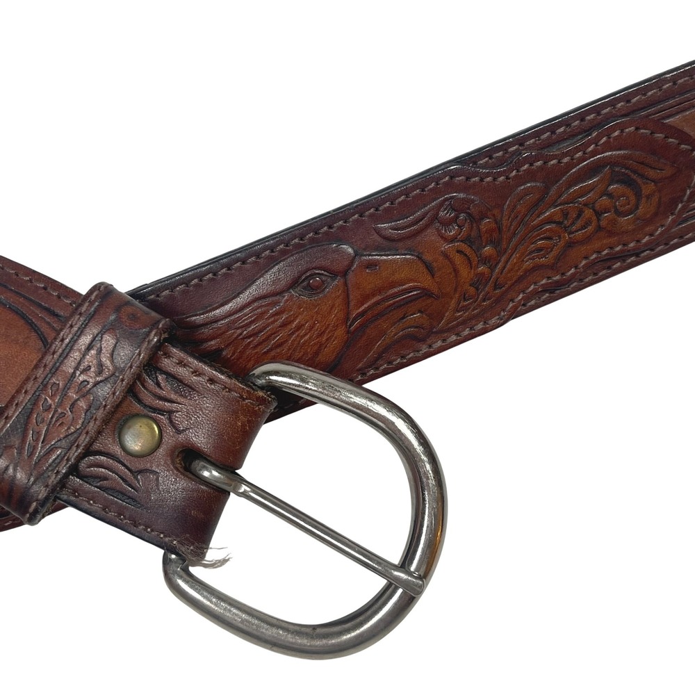 Vintage Silver Canyon Tooled Leather Eagle Belt Mens 40 Brown Western Cowboy